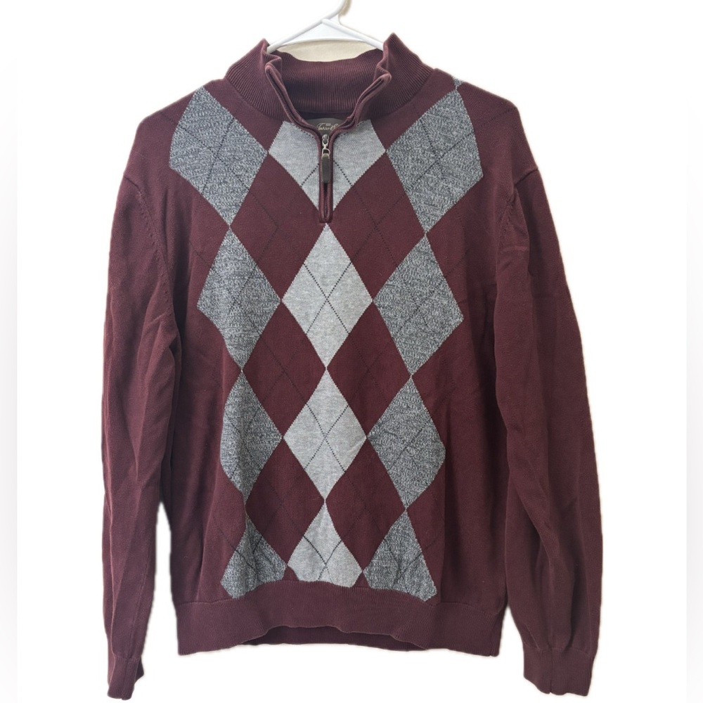 100% Cotton Maroon Gray Pattern Quarter Zip Sweater Men’s Medium Cotton Pullover